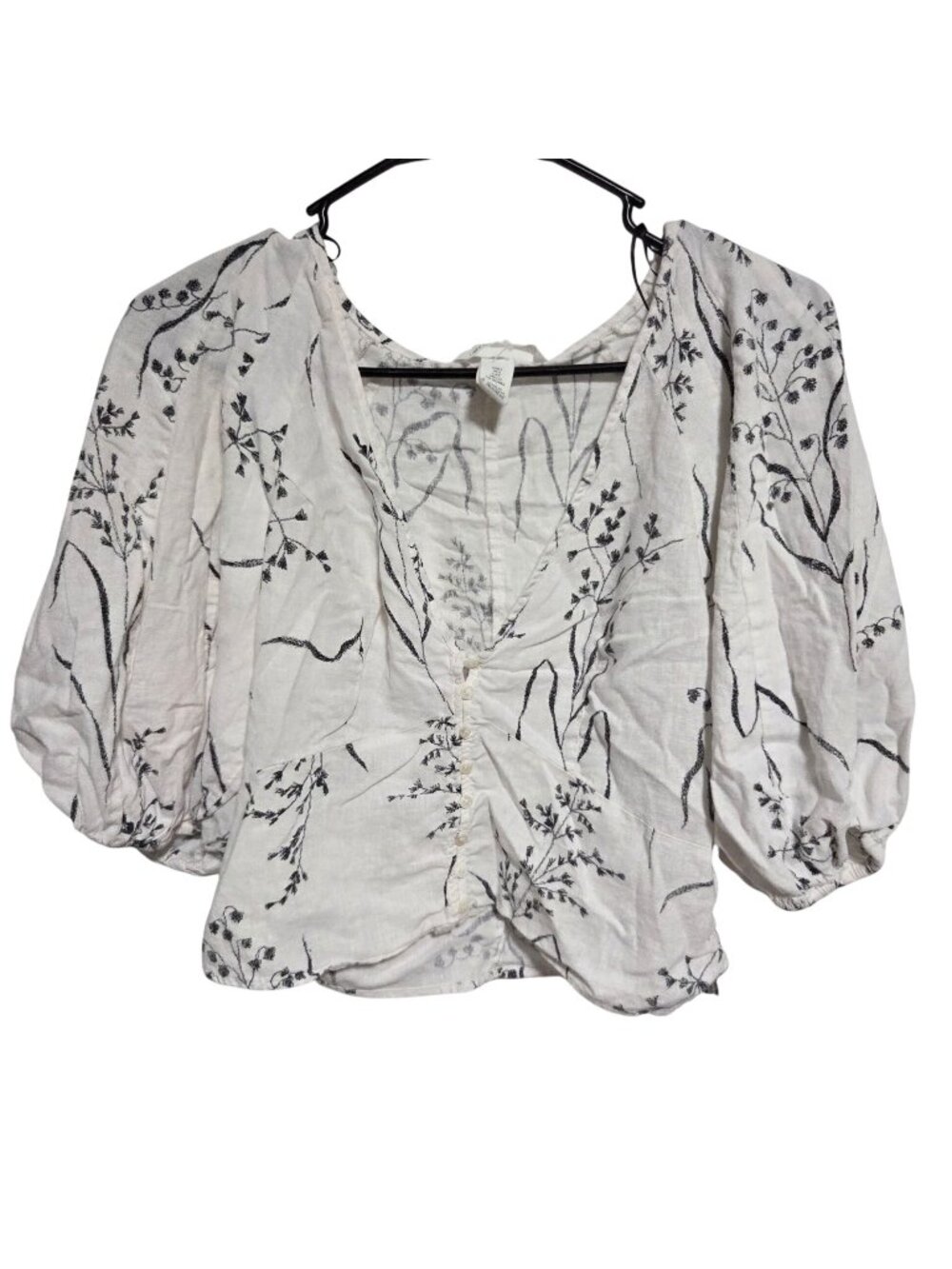 H&M Crop Top Size Small White Puff Sleeve Linen Blend Blouse Cottagecore Boho